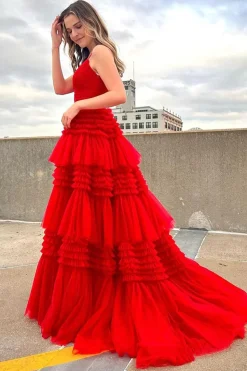A Line Red Spaghetti Straps Princess Prom Dress with Slit