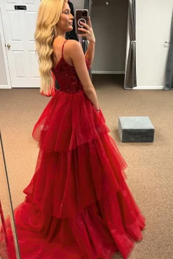 A Line Red Spaghetti Straps Tulle Corset Prom Dress