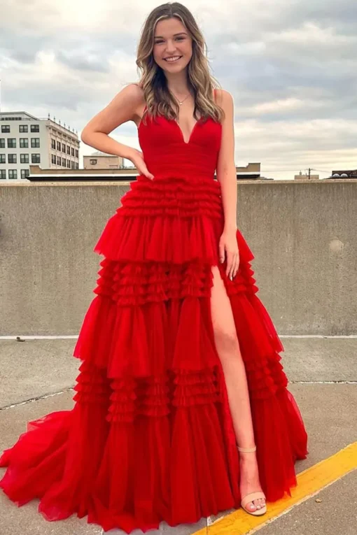 A Line Red Spaghetti Straps Princess Prom Dress with Slit