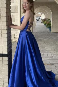 A Line Royal Blue Satin Prom Dress with Pockets