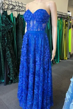 A Line Royal Blue Strapless Corset Prom Dress with Appliques