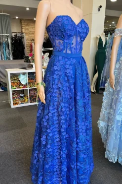 A Line Royal Blue Strapless Corset Prom Dress with Appliques