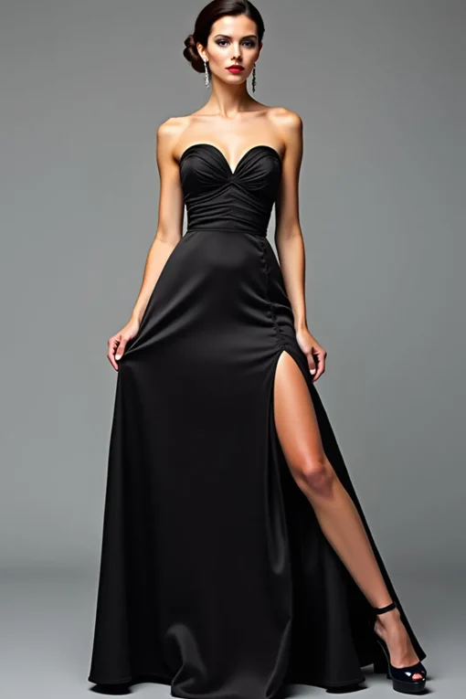 A Line Satin Sweetheart Long Black Tie Dress With Slit