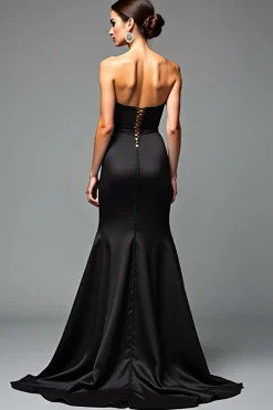 A Line Satin Sweetheart Long Black Tie Dress With Slit