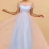 A Line Spaghetti Straps Blue Tulle Long Bridesmaid Dress