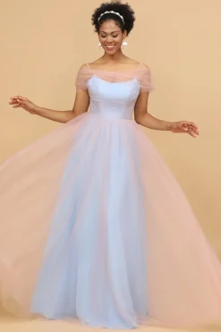 A Line Spaghetti Straps Blue Tulle Long Bridesmaid Dress