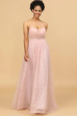 A Line Spaghetti Straps Blush Long Bridesmaid Dress