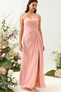 A Line Spaghetti Straps Blush Long Bridesmaid Dress with Split Front