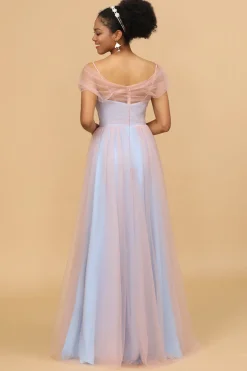 A Line Spaghetti Straps Blue Tulle Long Bridesmaid Dress