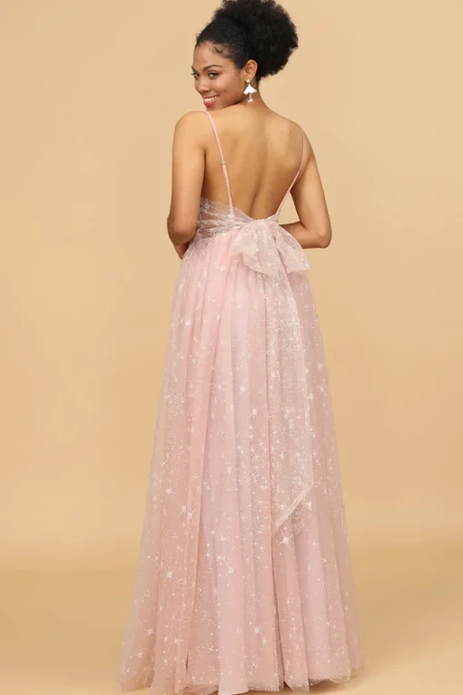 A Line Spaghetti Straps Blush Long Bridesmaid Dress