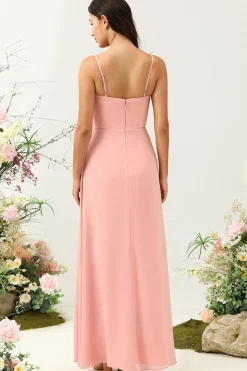 A Line Spaghetti Straps Blush Long Bridesmaid Dress with Split Front