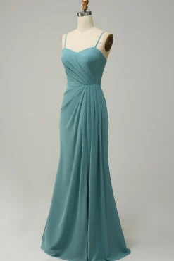 A Line Spaghetti Straps Blush Long Bridesmaid Dress with Split Front