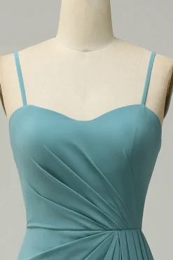 A Line Spaghetti Straps Blush Long Bridesmaid Dress with Split Front