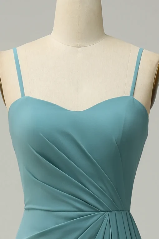 A Line Spaghetti Straps Blush Long Bridesmaid Dress with Split Front