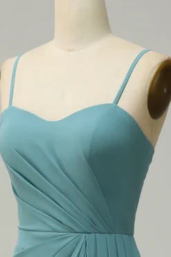 A Line Spaghetti Straps Blush Long Bridesmaid Dress with Split Front