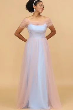 A Line Spaghetti Straps Blue Tulle Long Bridesmaid Dress