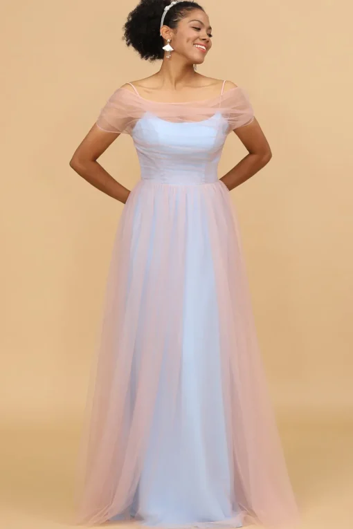 A Line Spaghetti Straps Blue Tulle Long Bridesmaid Dress