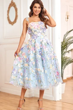 A Line Spaghetti Straps Blue Tea Length Prom Dress with 3D Flowers