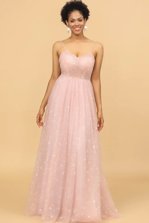 A Line Spaghetti Straps Blush Long Bridesmaid Dress