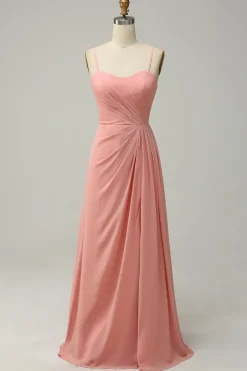 A Line Spaghetti Straps Blush Long Bridesmaid Dress with Split Front