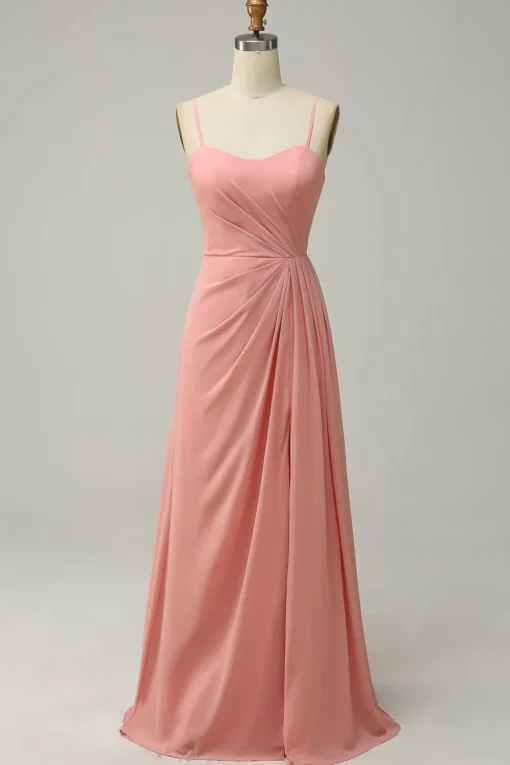 A Line Spaghetti Straps Blush Long Bridesmaid Dress with Split Front