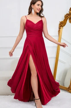 A Line Spaghetti Straps Burgundy Long Bridesmaid Dress