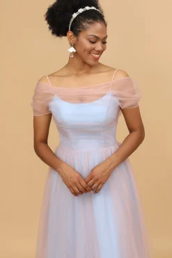 A Line Spaghetti Straps Blue Tulle Long Bridesmaid Dress