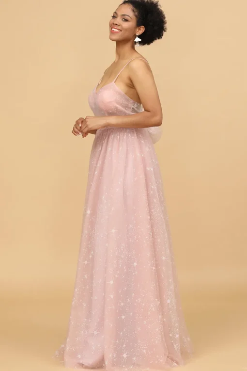 A Line Spaghetti Straps Blush Long Bridesmaid Dress