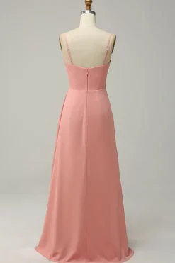 A Line Spaghetti Straps Blush Long Bridesmaid Dress with Split Front