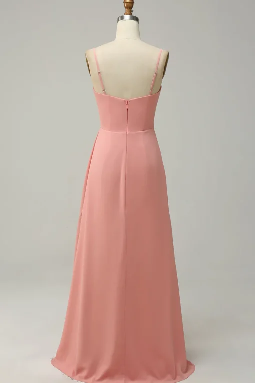 A Line Spaghetti Straps Blush Long Bridesmaid Dress with Split Front