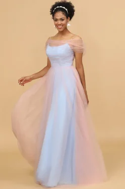 A Line Spaghetti Straps Blue Tulle Long Bridesmaid Dress
