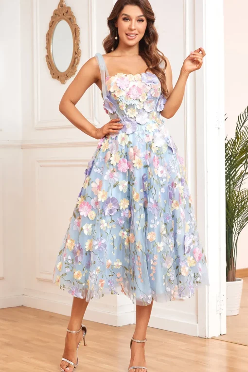 A Line Spaghetti Straps Blue Tea Length Prom Dress with 3D Flowers