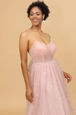 A Line Spaghetti Straps Blush Long Bridesmaid Dress