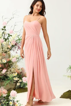 A Line Spaghetti Straps Blush Long Bridesmaid Dress with Split Front