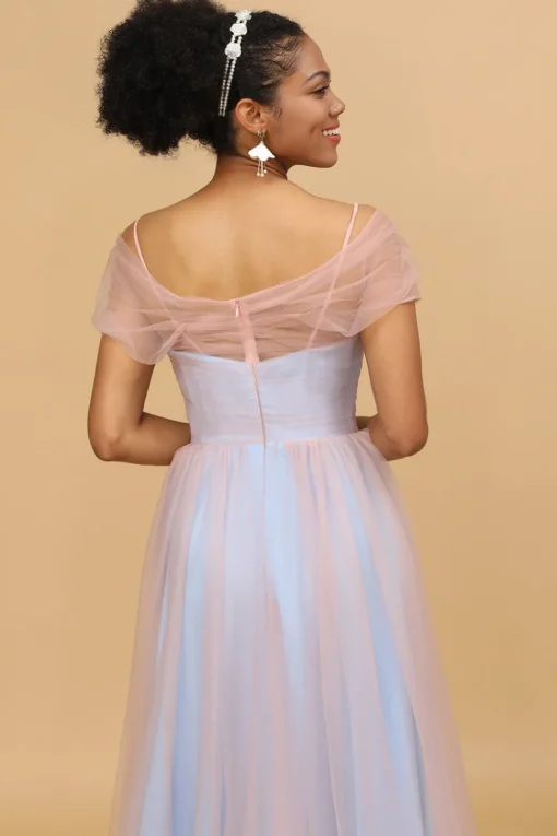 A Line Spaghetti Straps Blue Tulle Long Bridesmaid Dress