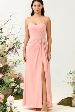 A Line Spaghetti Straps Blush Long Bridesmaid Dress with Split Front