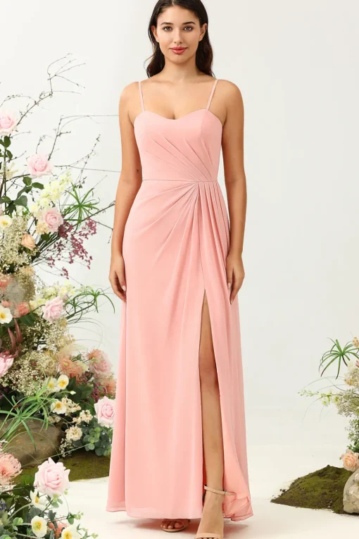 A Line Spaghetti Straps Blush Long Bridesmaid Dress with Split Front