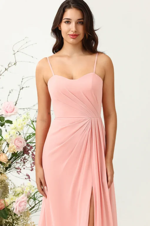 A Line Spaghetti Straps Blush Long Bridesmaid Dress with Split Front