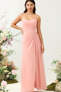 A Line Spaghetti Straps Blush Long Bridesmaid Dress with Split Front