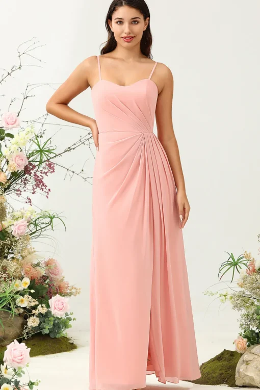 A Line Spaghetti Straps Blush Long Bridesmaid Dress with Split Front