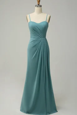 A Line Spaghetti Straps Blush Long Bridesmaid Dress with Split Front