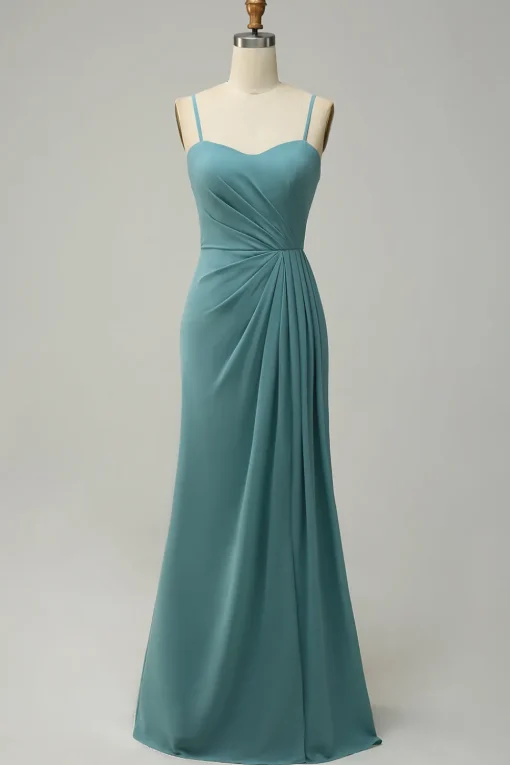 A Line Spaghetti Straps Blush Long Bridesmaid Dress with Split Front