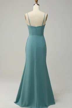 A Line Spaghetti Straps Blush Long Bridesmaid Dress with Split Front