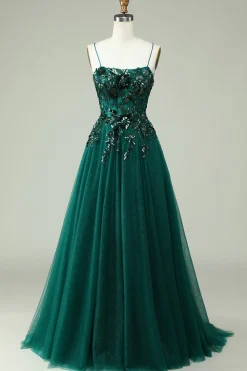 A Line Spaghetti Straps Dark Green Corset Prom Dress with Appliques