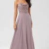 A Line Spaghetti Straps Dusty Pink Long Bridesmaid Dress with Beaded