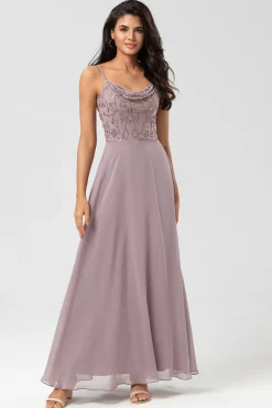 A Line Spaghetti Straps Dusty Pink Long Bridesmaid Dress with Beaded