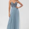 A Line Spaghetti Straps Dusty Blue Long Bridesmaid Dress with Beading