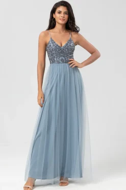 A Line Spaghetti Straps Dusty Blue Long Bridesmaid Dress with Beading