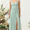 A Line Spaghetti Straps Dusty Sage Long Bridesmaid Dress with Ruffles