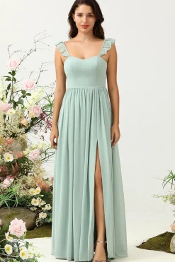 A Line Spaghetti Straps Dusty Sage Long Bridesmaid Dress with Ruffles